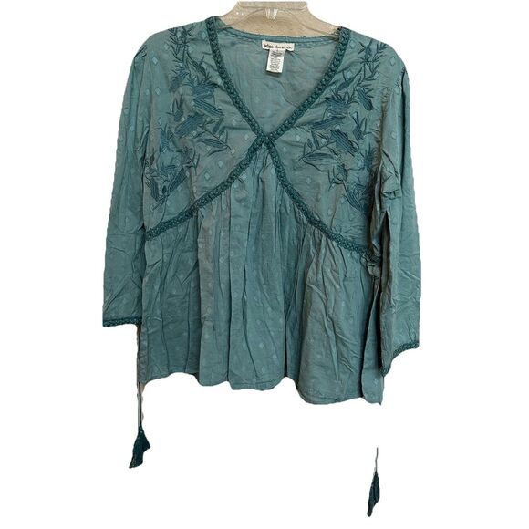 Indigo Thread Sz Large Woven Mineral Washed 3/4 Sleeve Crochet V-Neck Top NWOT - Picture 1 of 7